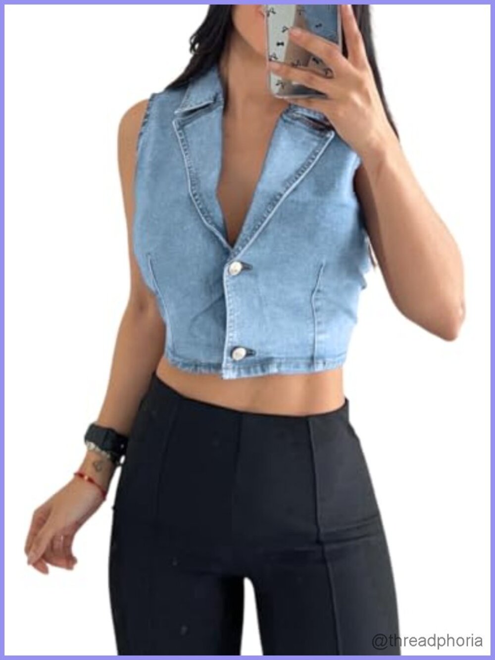Cropped Denim Vest Sleeveless Button Front Lightweight Jacket